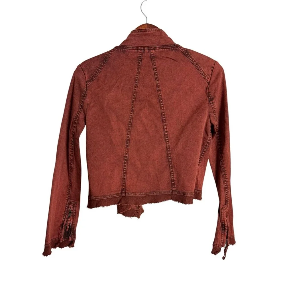 Free People Rust Orange Collapsing Twill Raw Hem Moto Jacket Boho Utility Small